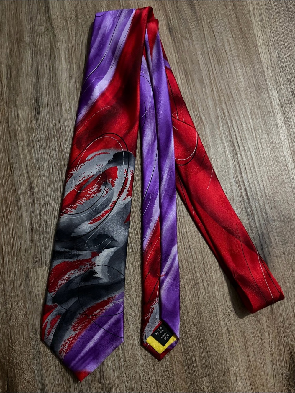 J Garcia - Abstract Swirl Silk Tie in Red, Purple, Gray and Black